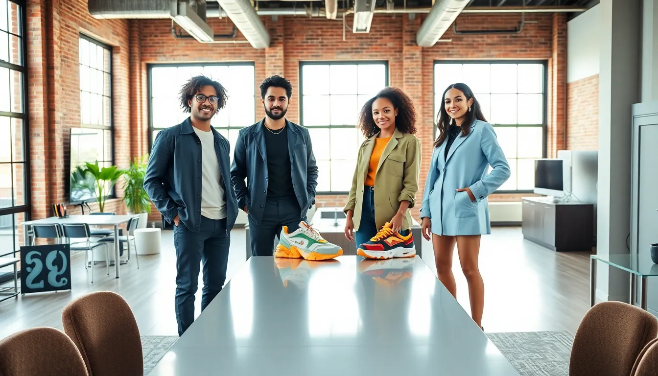 diverse group showcasing trendy sneakers in a modern urban setting.