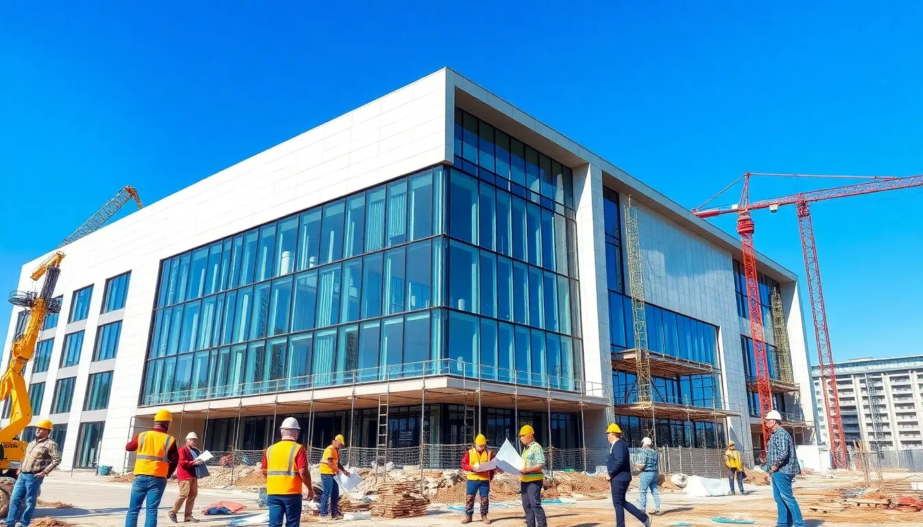 modern educational building construction with diverse workers involved.