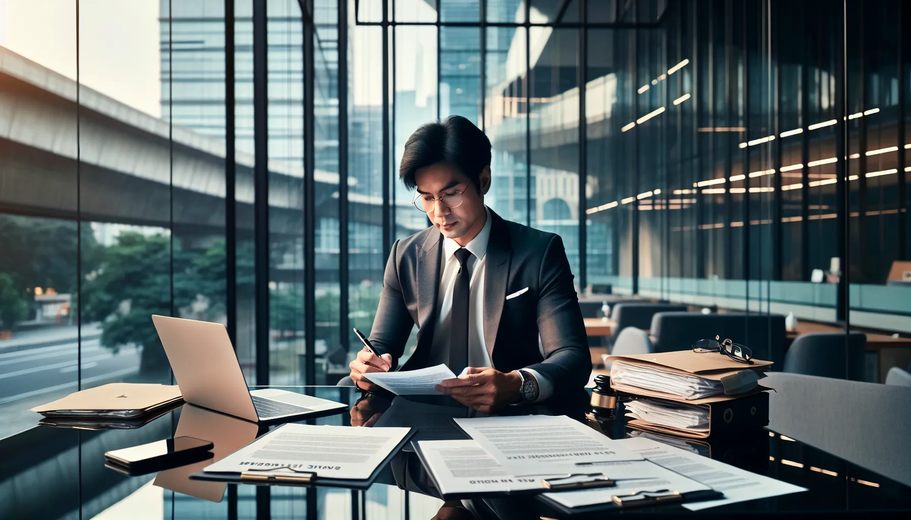 Croatian HR professional reviewing labor law documents in modern office setting.