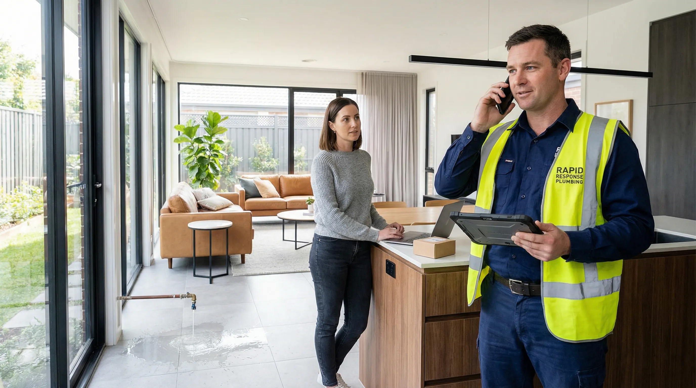 Plumber assessing burst pipe in a modern Australian home.