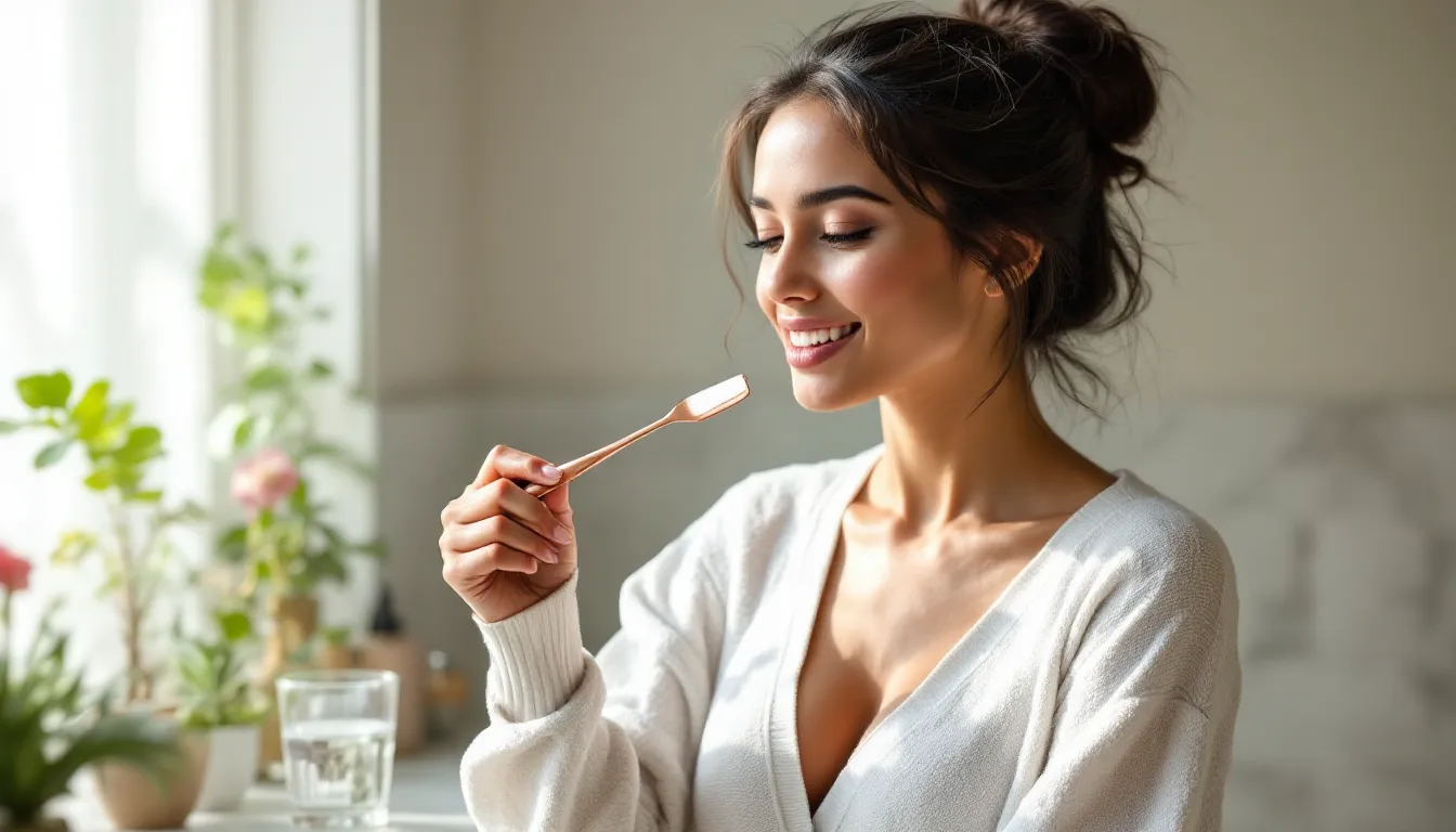 Woman using a copper tongue scraper in a sunlit bathroom each morning.