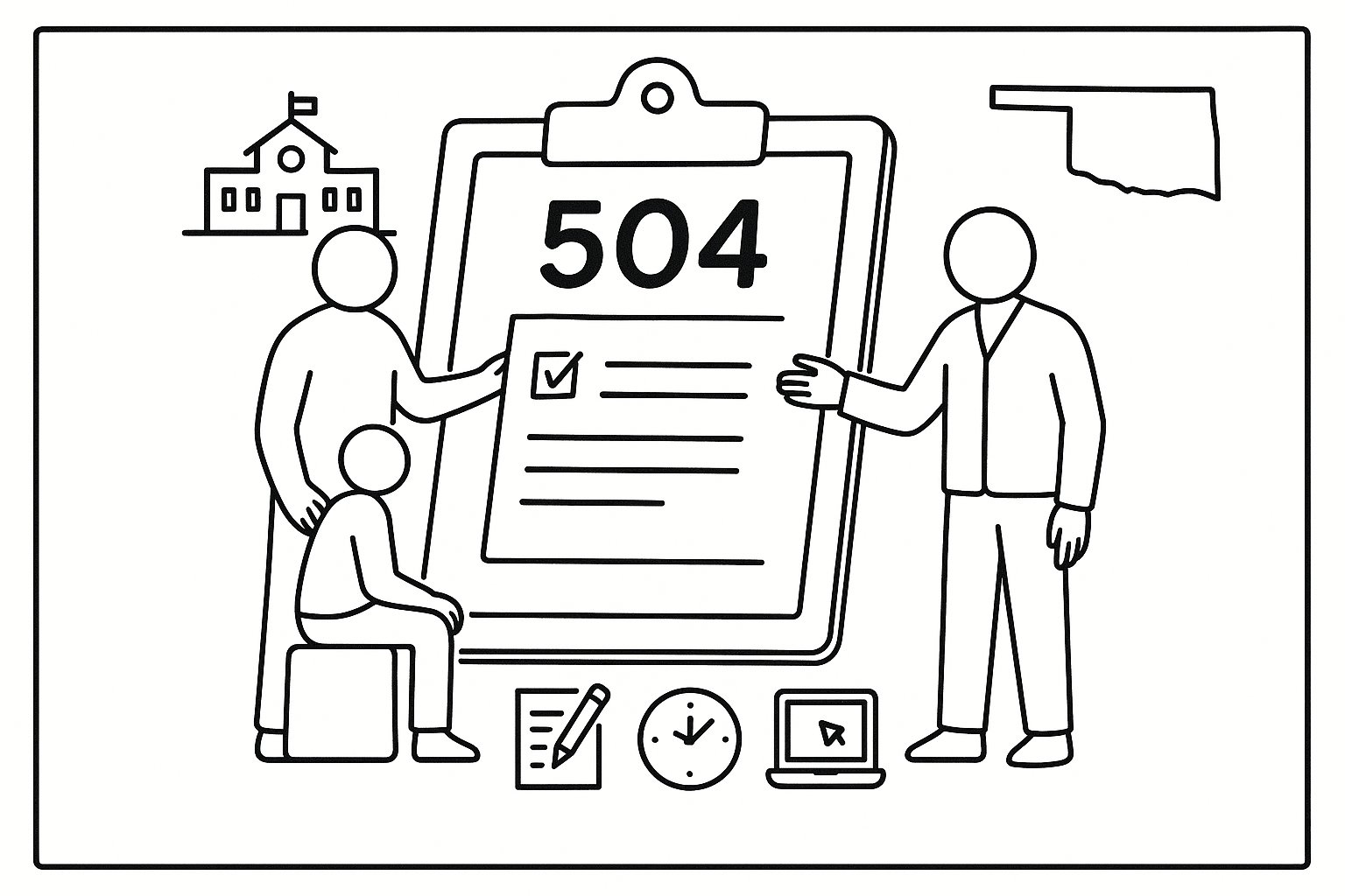 Line art of a 504 plan clipboard with student, parent, and school staff. - What Is A 504 Plan In Oklahoma A Practical Guide For Parents And Professionals 2026