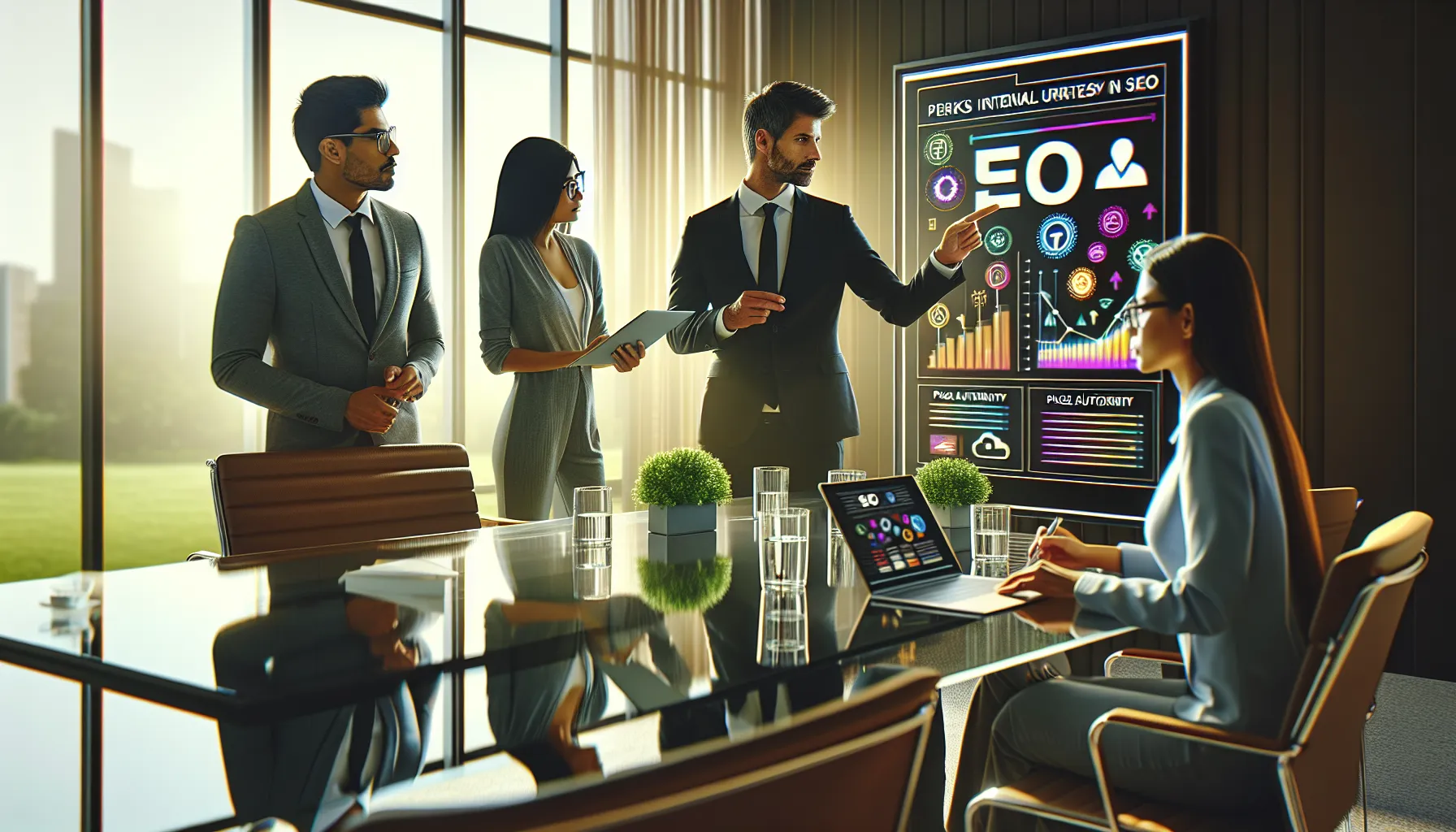 diverse team discussing SEO strategies in a modern office.
