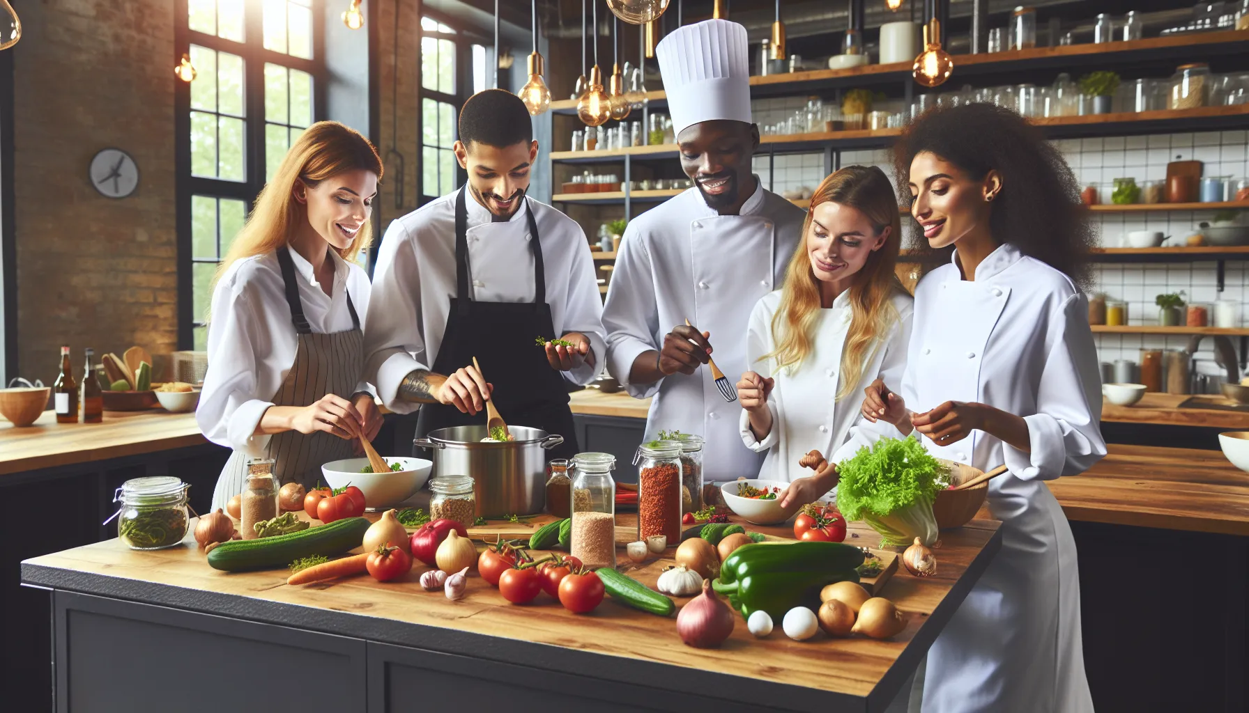 diverse chefs collaborating in a modern kitchen setting.