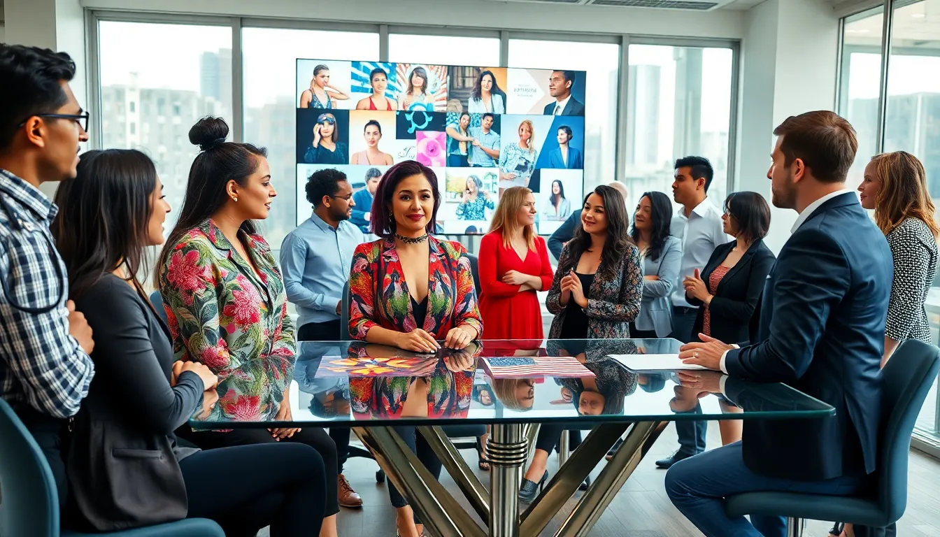 diverse group discussing Travesti culture in a modern office.