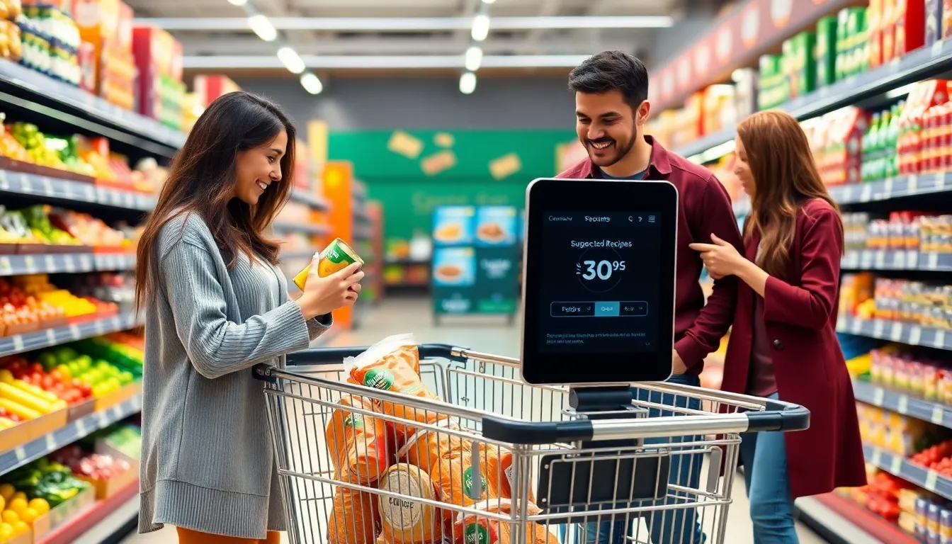 high-tech shopping cart with diverse shoppers in a grocery store.