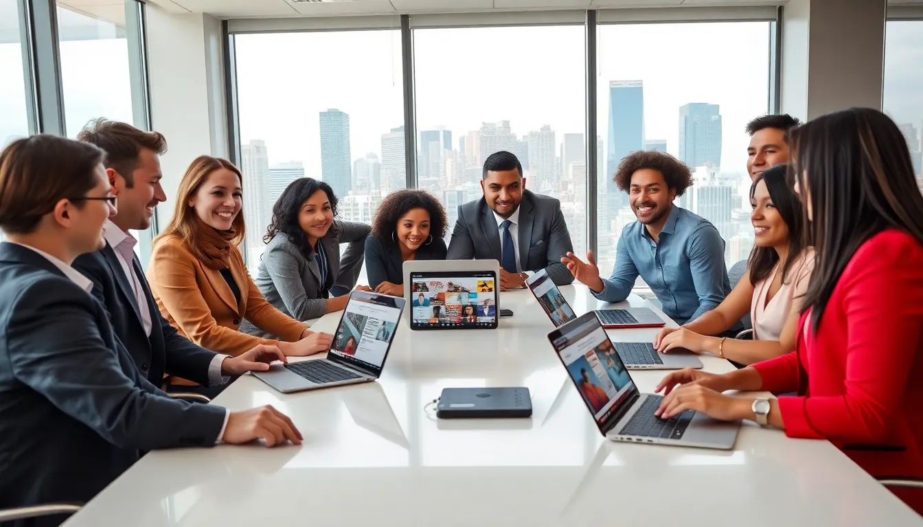 diverse professionals collaborating in a modern meeting space.