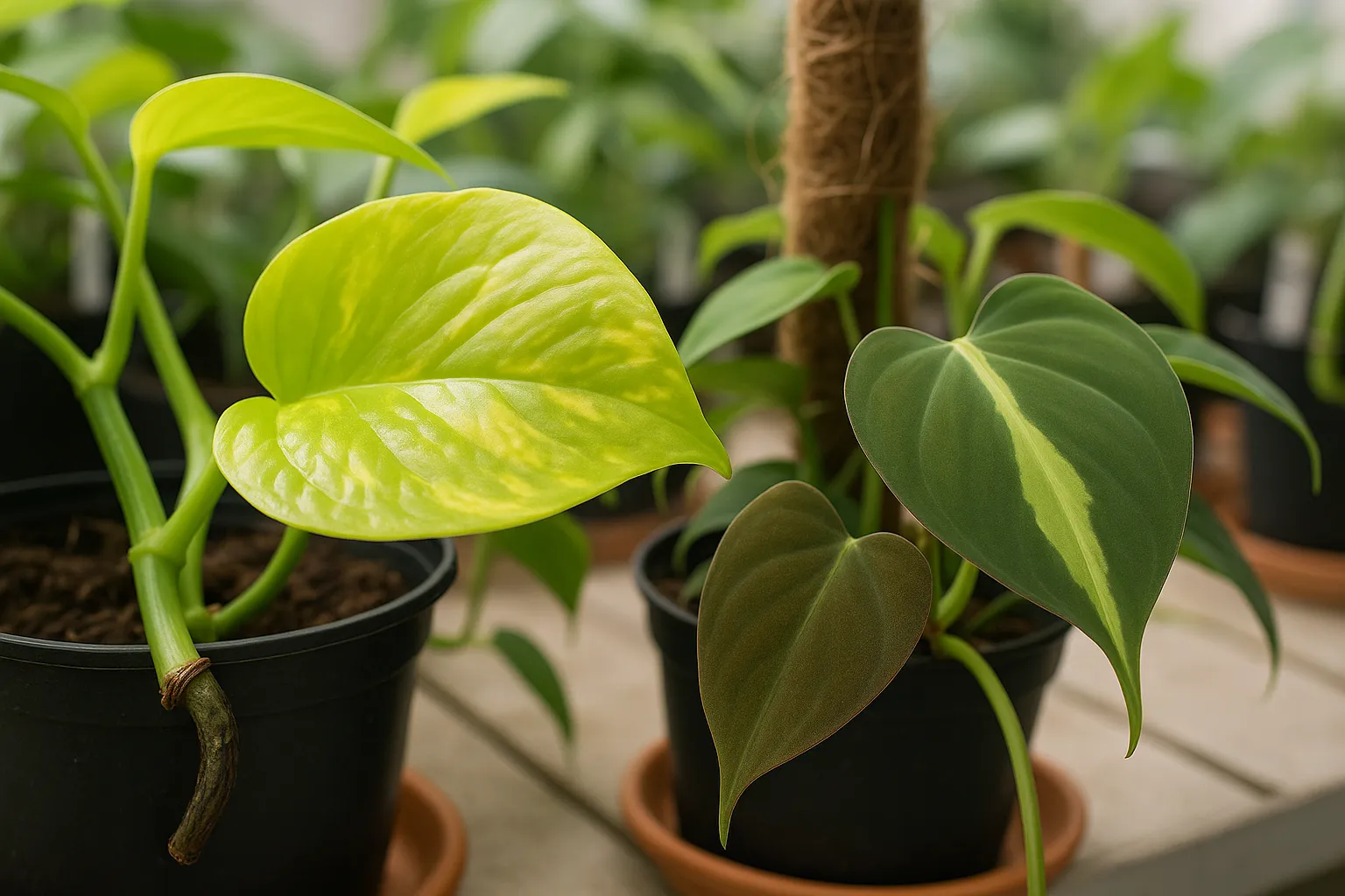 Close-up of glossy pothos leaf beside matte heartleaf philodendron leaf.