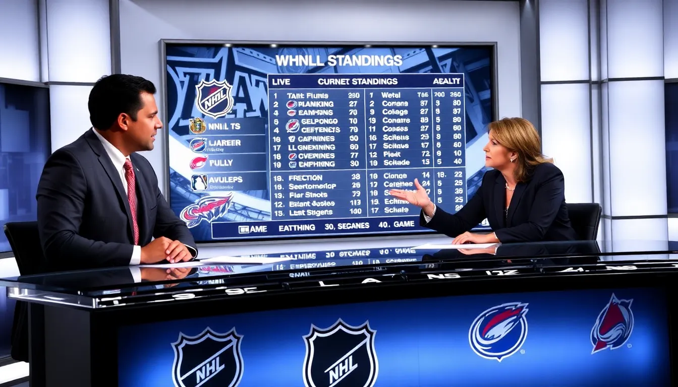 Sports analysts discussing current NHL standings in a modern studio.