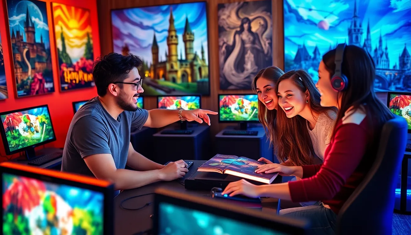 a group of gamers discovering Easter eggs in a video game setting.