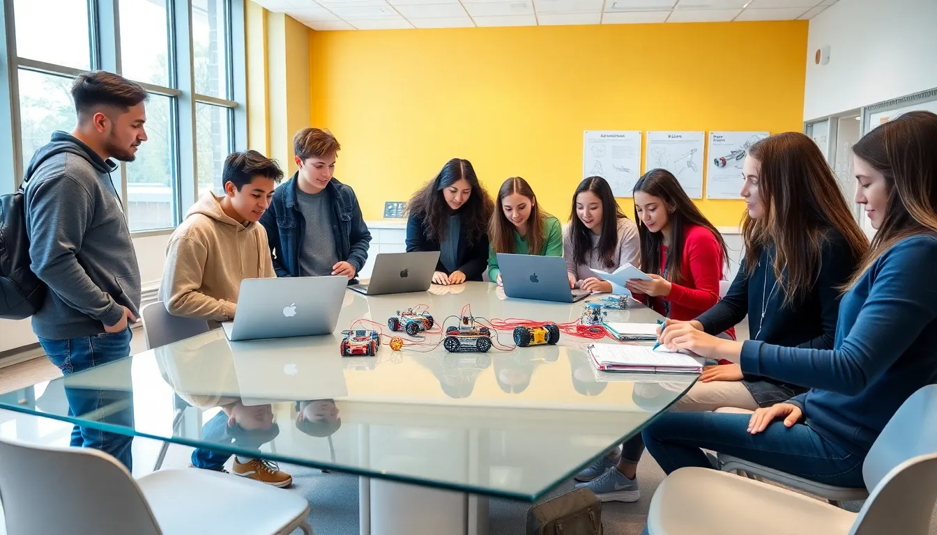 teens collaborating on robotics projects in a modern classroom.