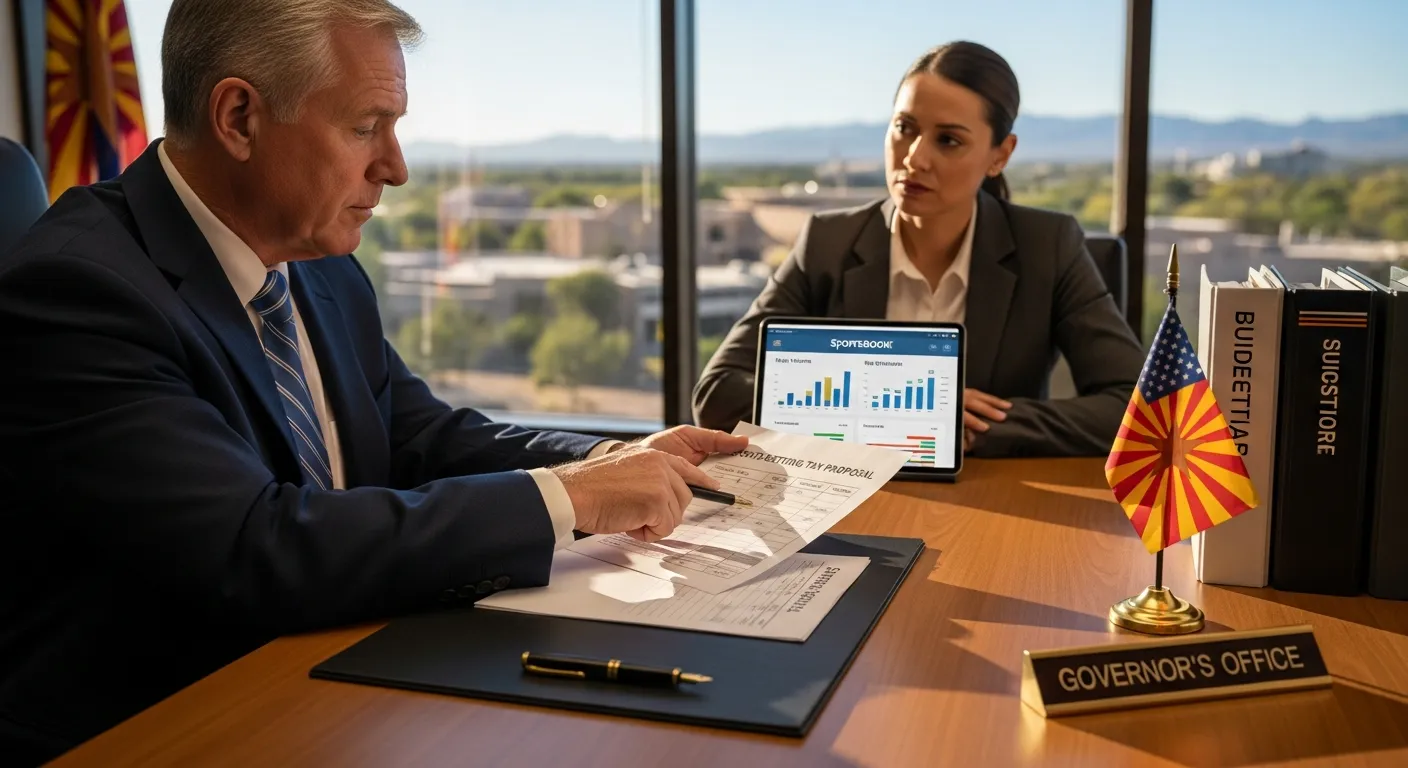 Arizona governor reviews a tiered sports betting tax proposal in his office.