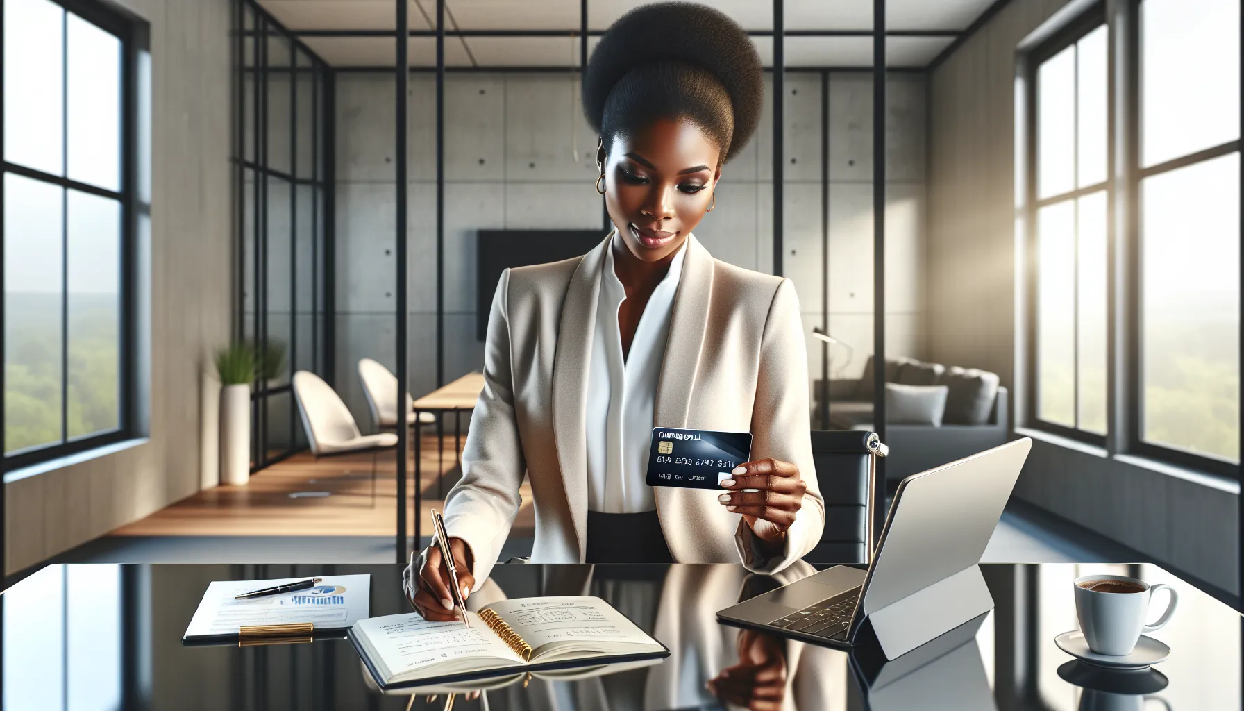 woman using 123 Geldzakencard in a modern office.