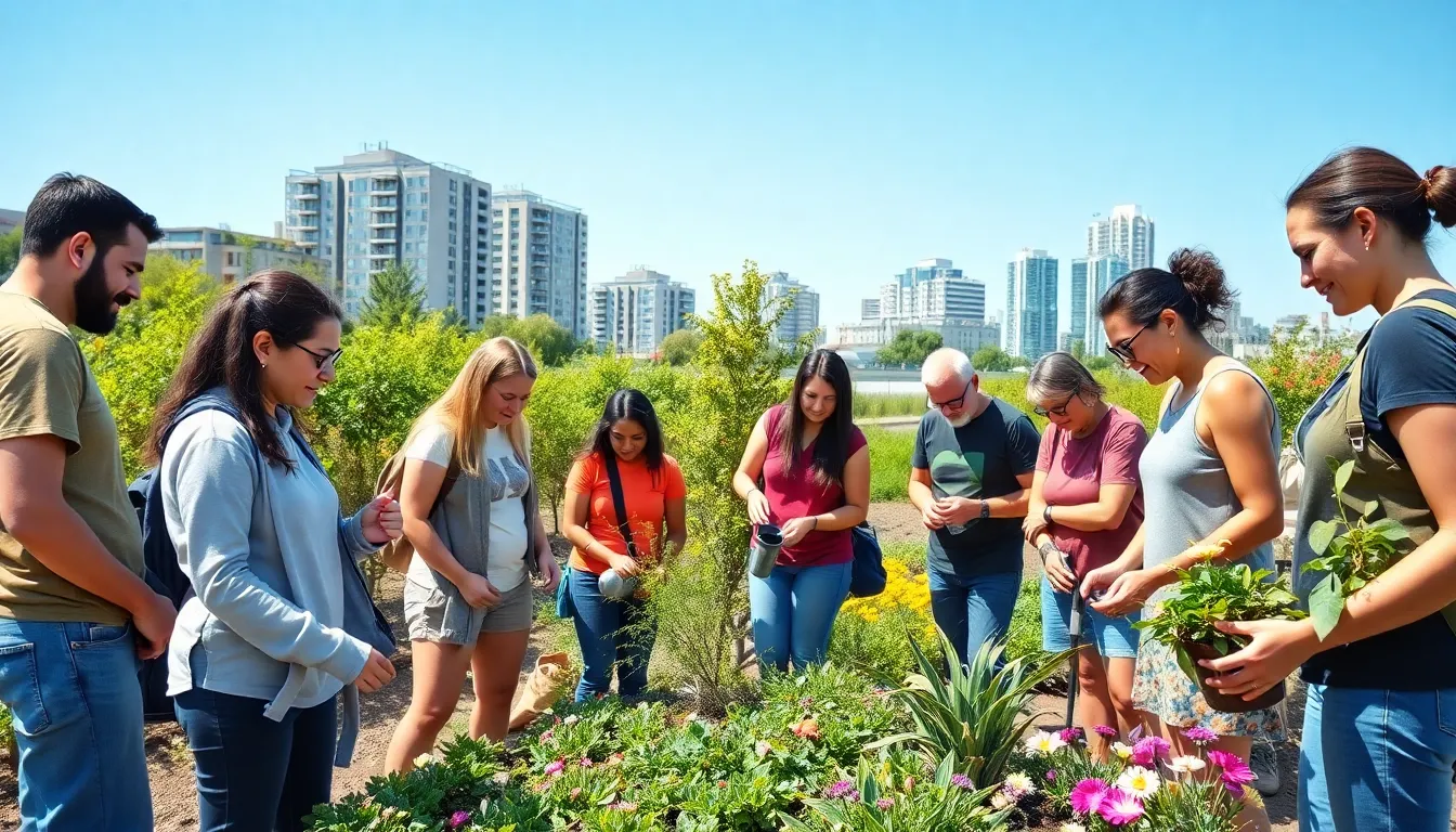 diverse volunteers working together in a vibrant community garden.