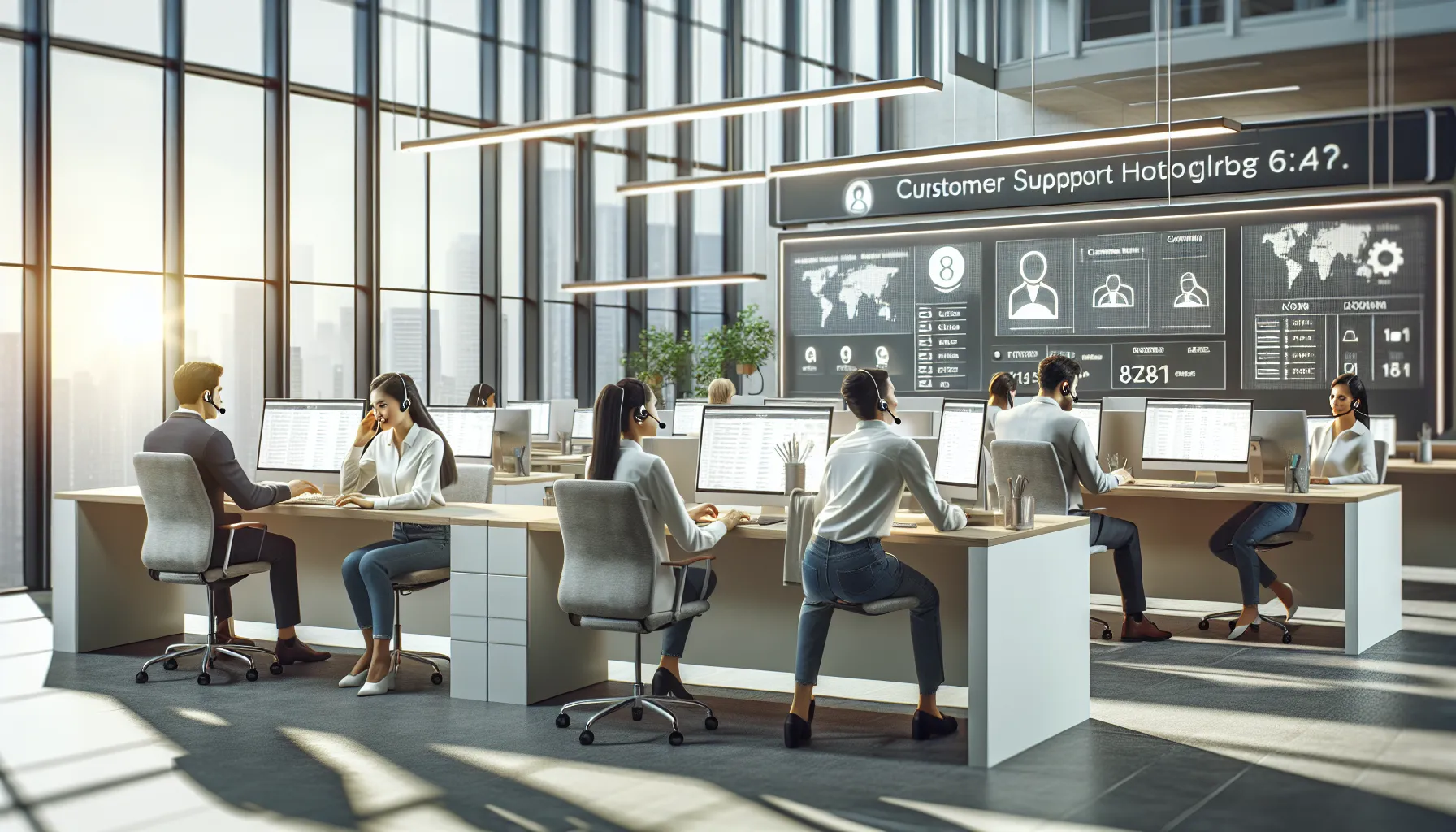 diverse team assisting customers in a modern support office.