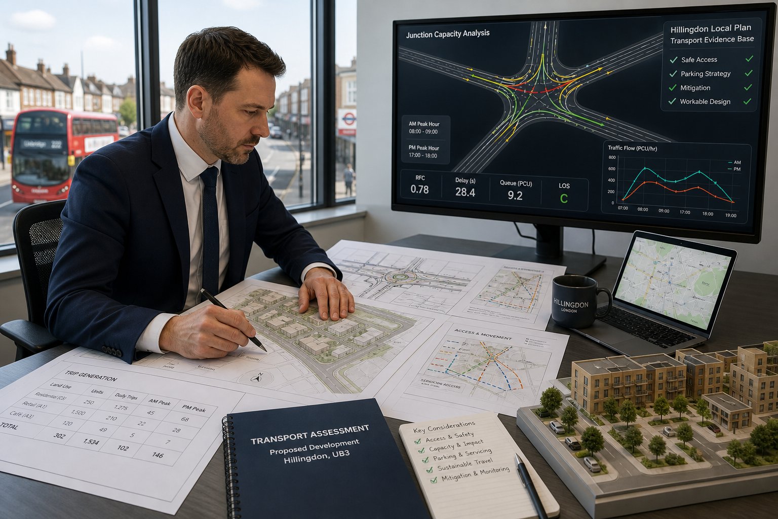 Traffic engineer reviewing development plans and road access analysis in a modern office.