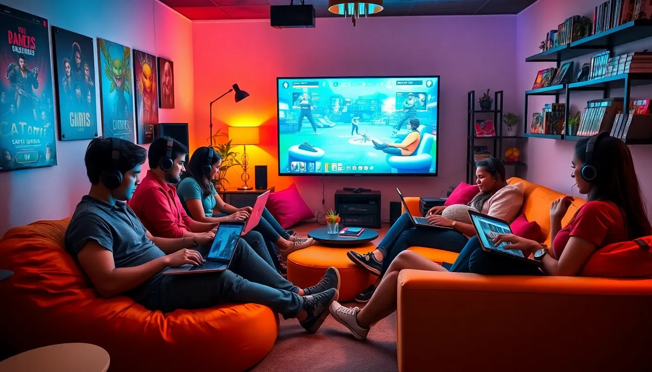 diverse group of gamers chatting enthusiastically in a cozy gaming room.