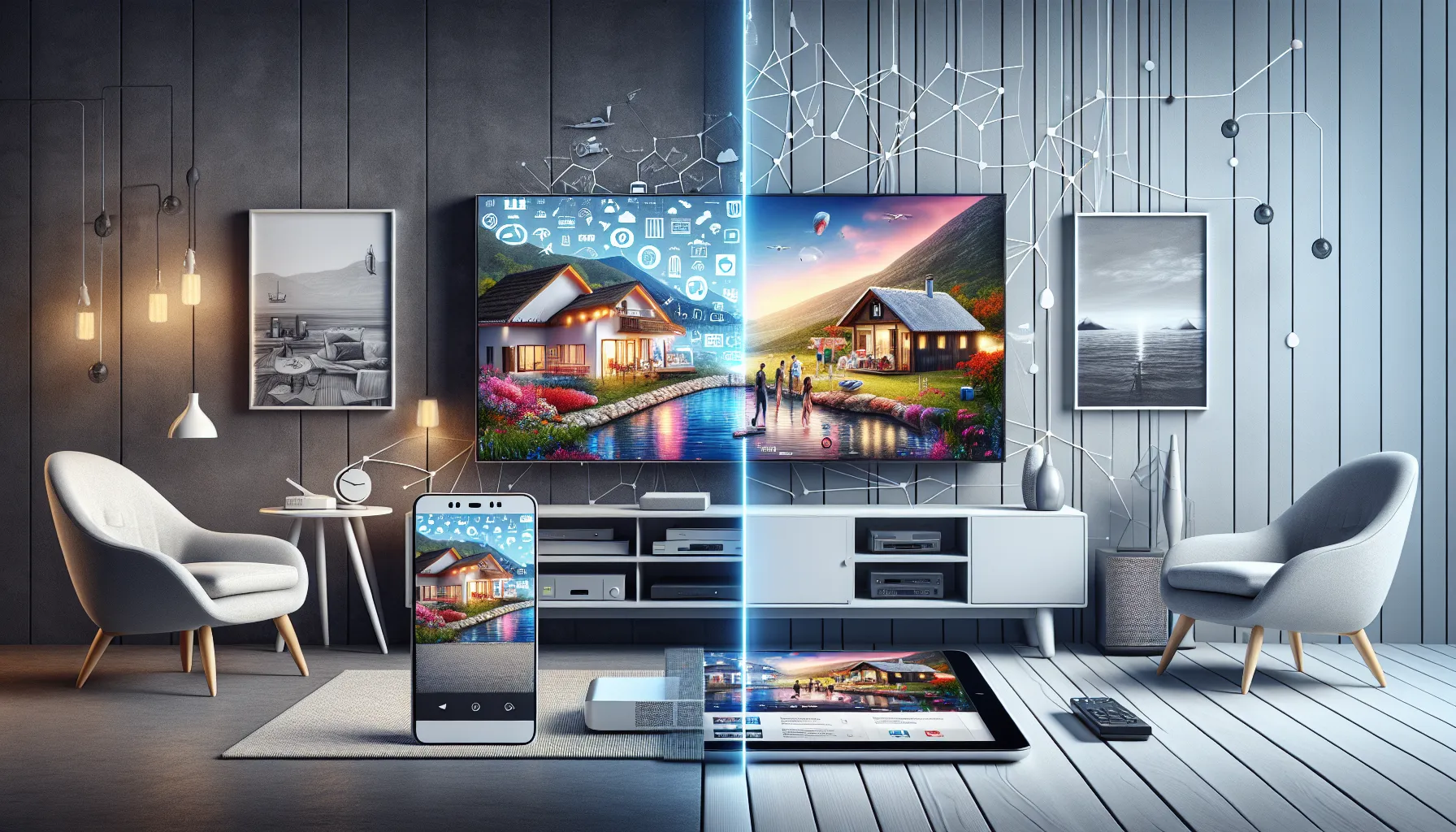 Split-screen showing TV content streaming on different devices across two locations