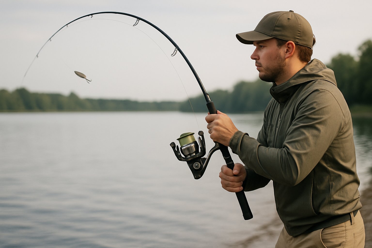 Angler making a long cast with a spinning reel by the water.