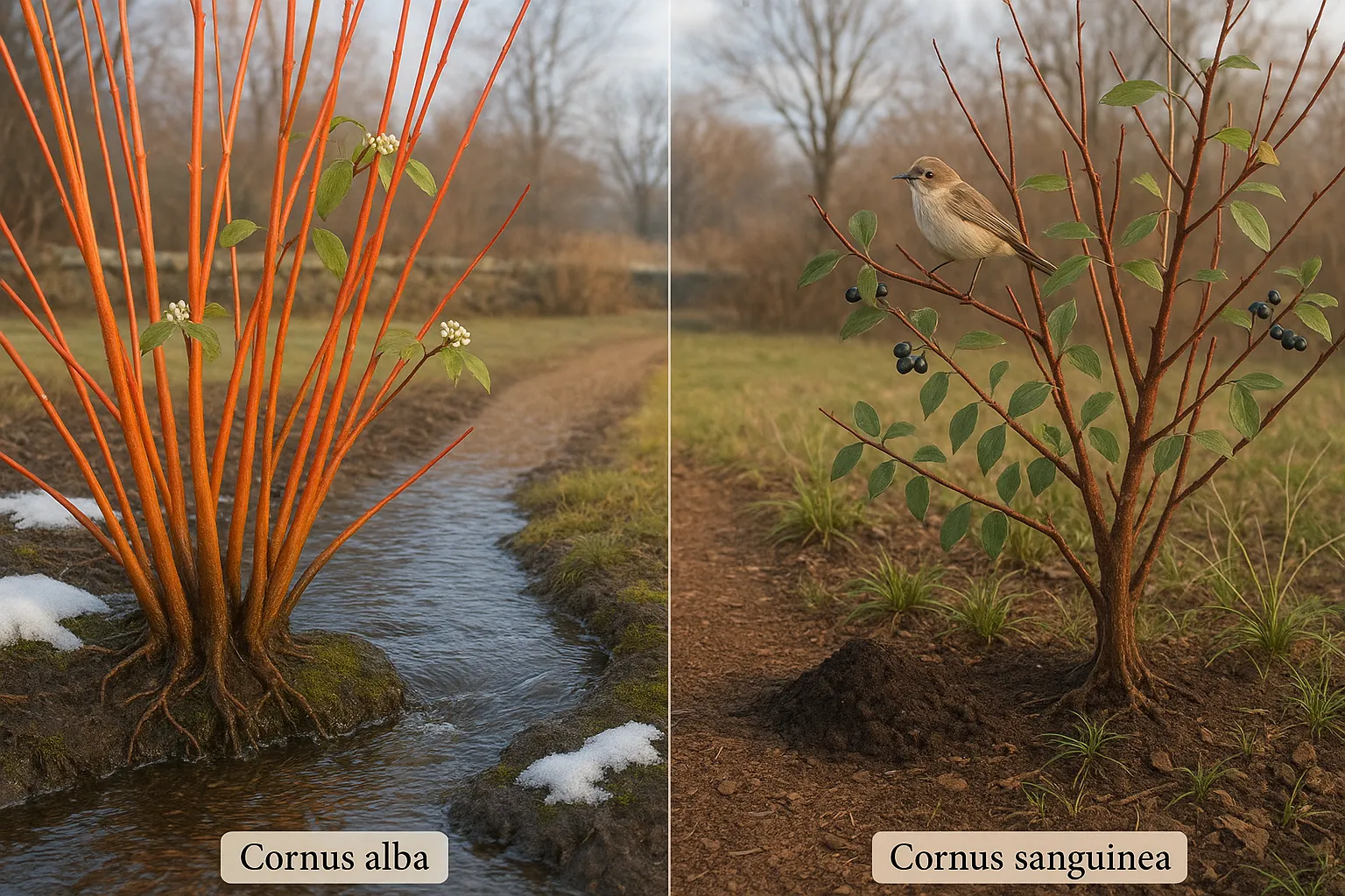 Two dogwood shrubs side-by-side showing contrasting stems and soil conditions.
