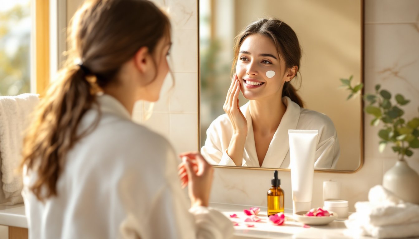 A woman applying mineral sunscreen at her bathroom mirror during a simple morning skincare routine.