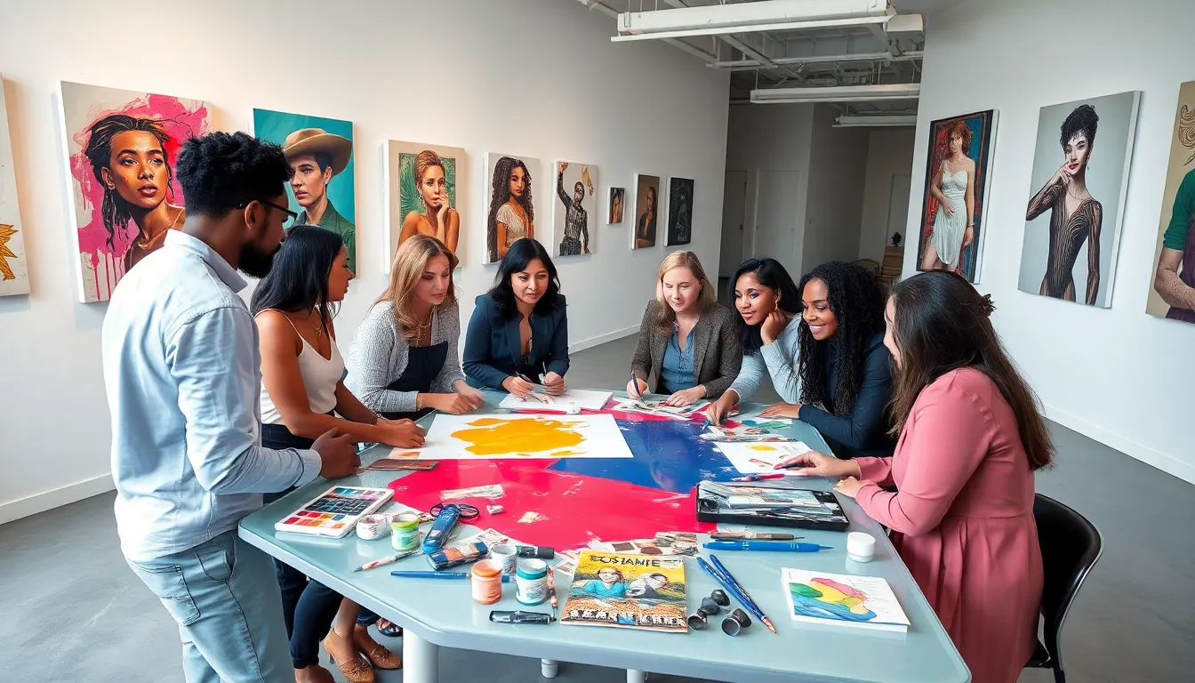 diverse artists collaborating on art in a modern gallery.