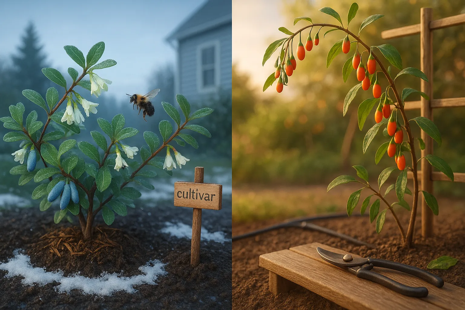 Two adjacent honeyberry and goji bushes showing contrasting growing conditions.