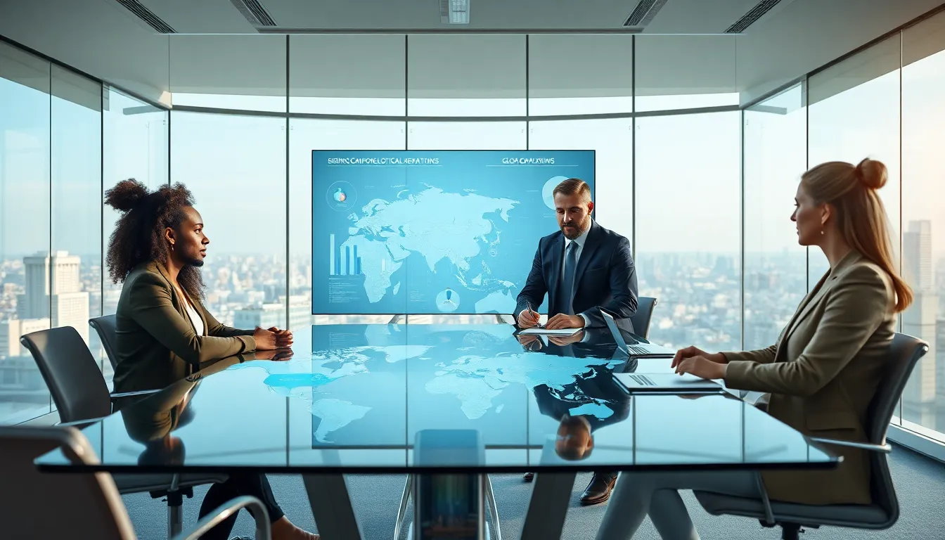 diverse professionals discussing global political issues in a modern setting.