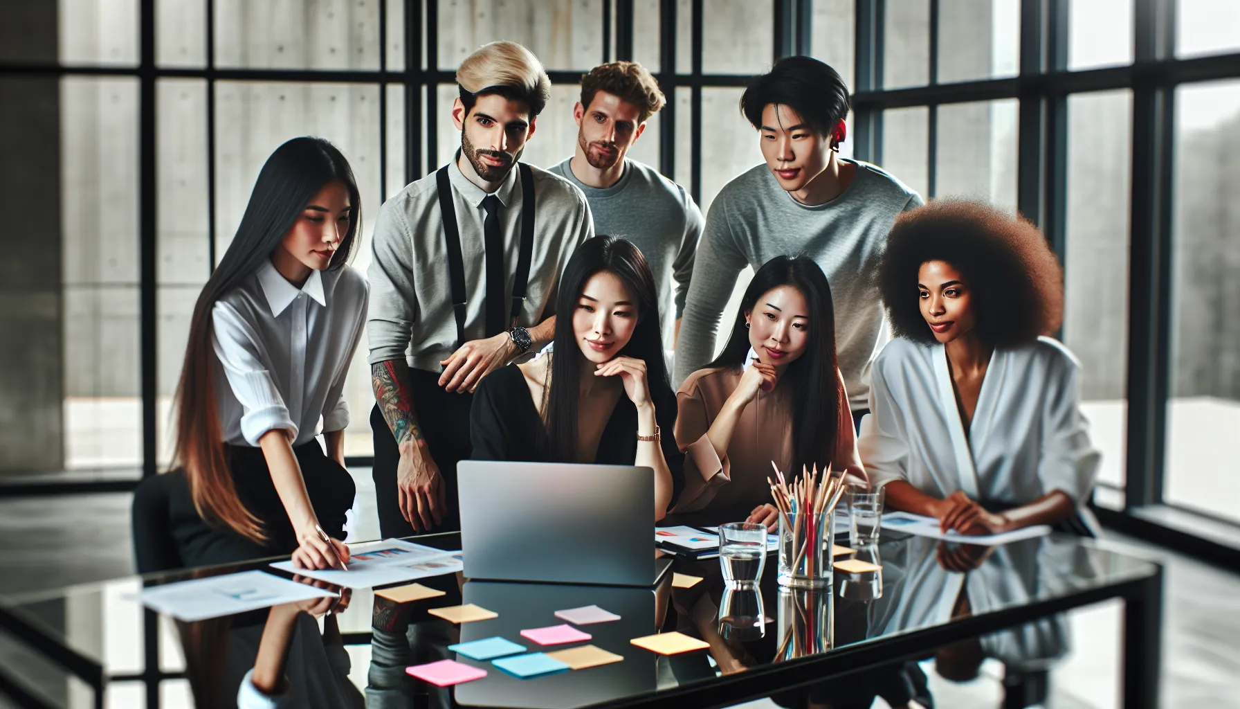 diverse team brainstorming in a modern office setting.