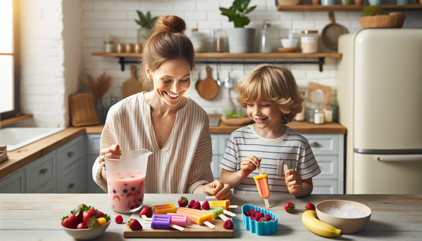 Norwegian mother and child making colorful sugar-free fruit ice pops in a bright kitchen.