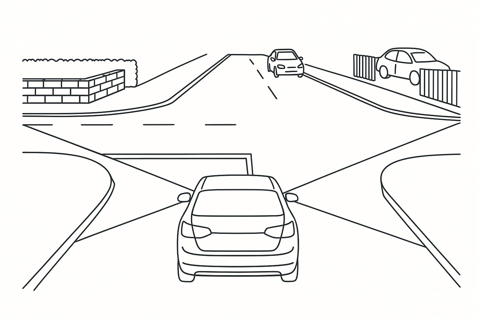 Car at a junction with visibility splay lines and roadside obstructions.