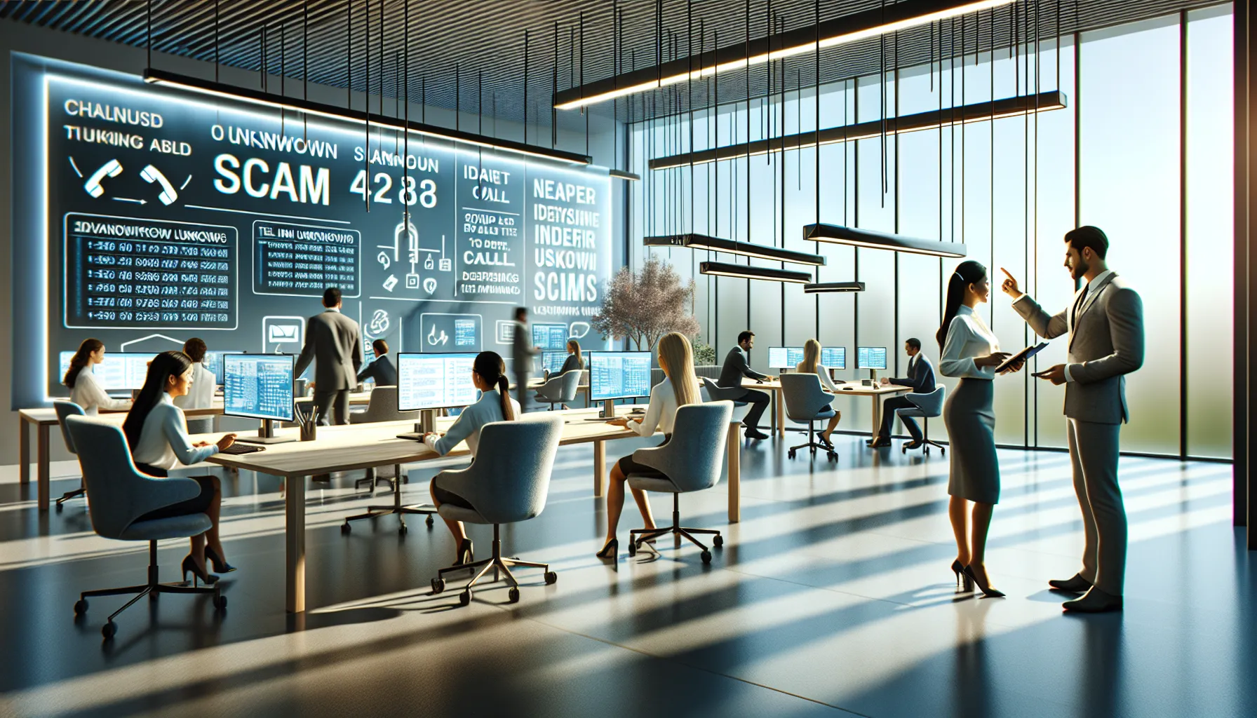 diverse team discussing phone scams in a modern office.