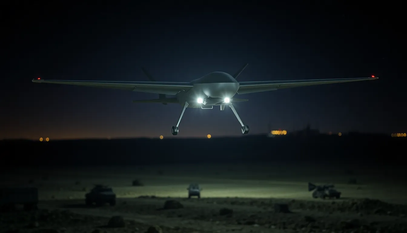 military drone flying over a battlefield at night.
