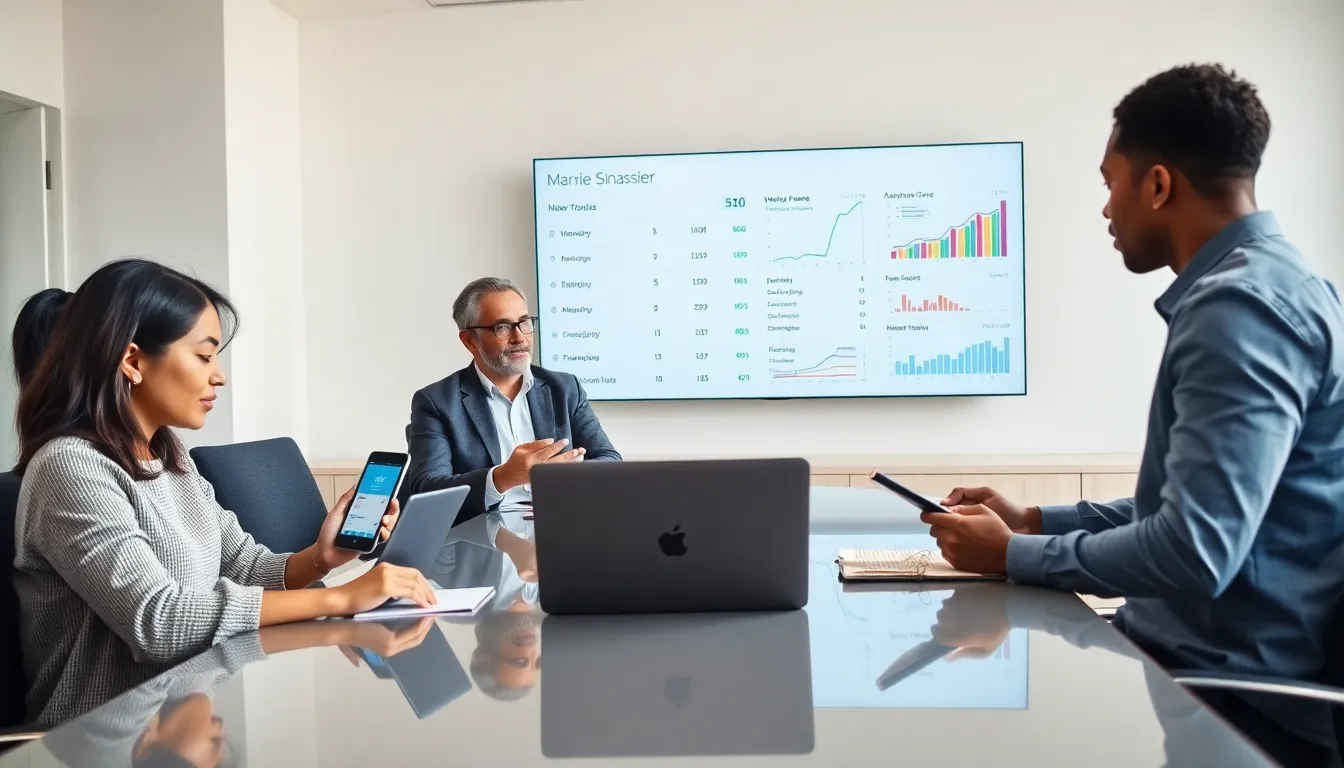 diverse professionals discussing money transfer options in a modern office.