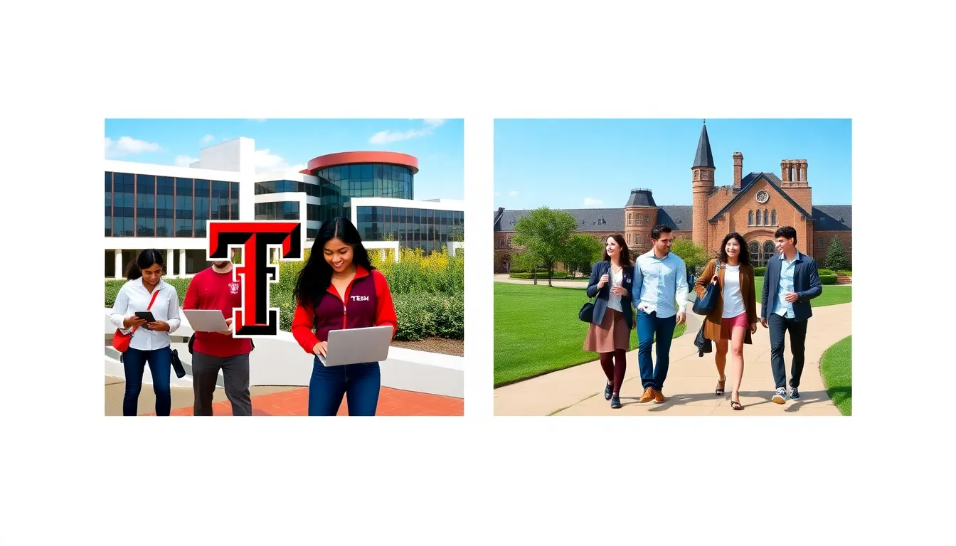 split image of Texas Tech and TCU campus scenes.