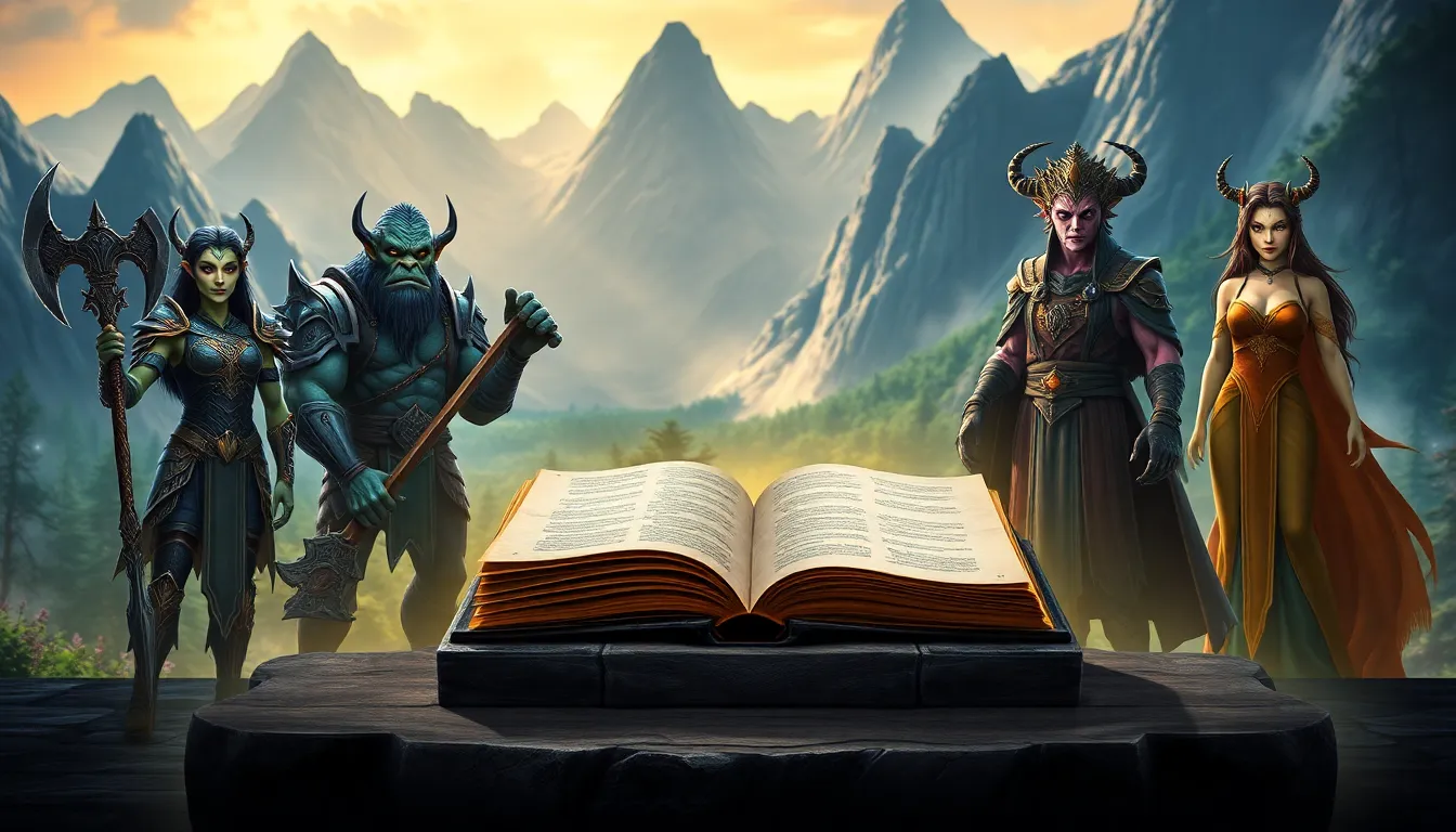 diverse Warcraft characters around an ancient book in a fantasy landscape.