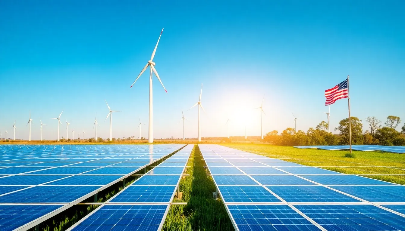 a solar farm and wind turbines representing renewable energy trends in the U.S.