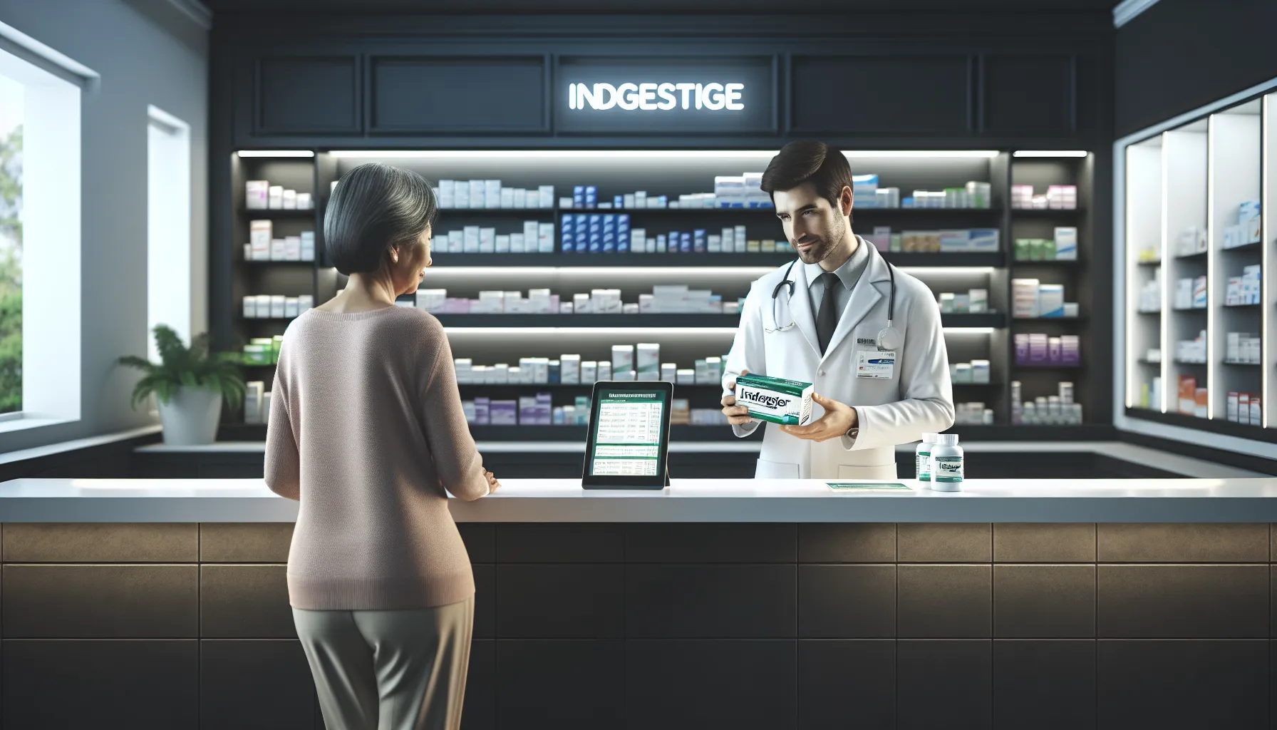 Pharmacist consulting with a customer about Gas X and Pepcid.