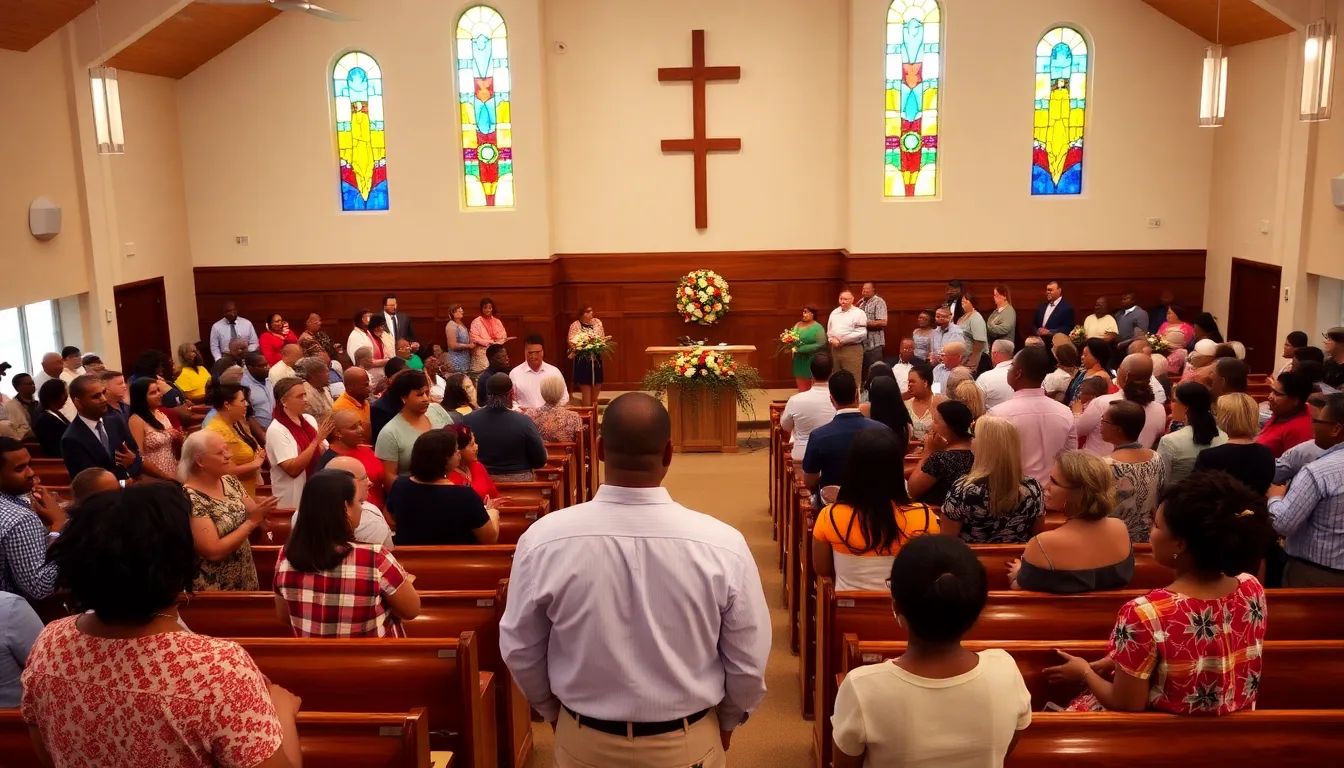 diverse congregation in a modern church sanctuary.