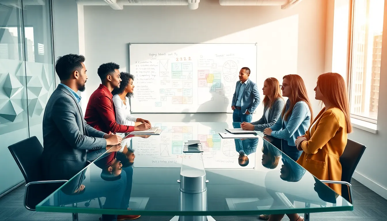 diverse team brainstorming in a modern creative workspace.