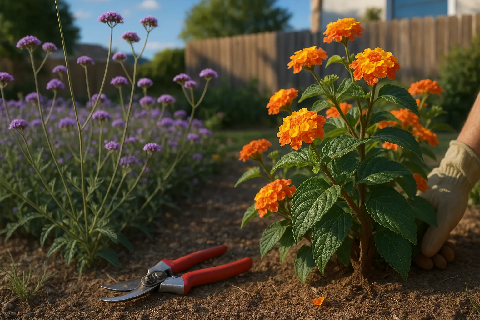 Close-up contrast of blooming lantana shrub and spreading verbena in a sunny garden.