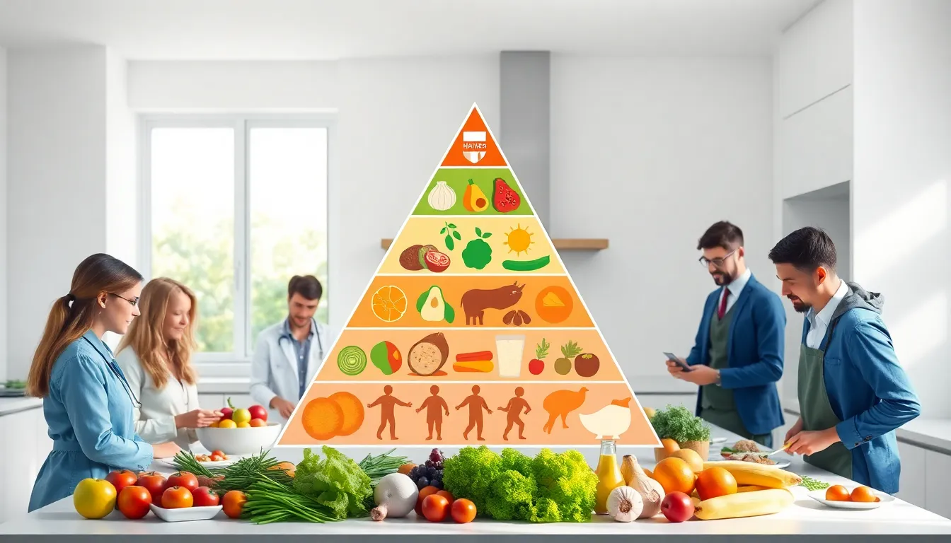 illustration of the Harvard Food Pyramid with diverse people preparing healthy meals.