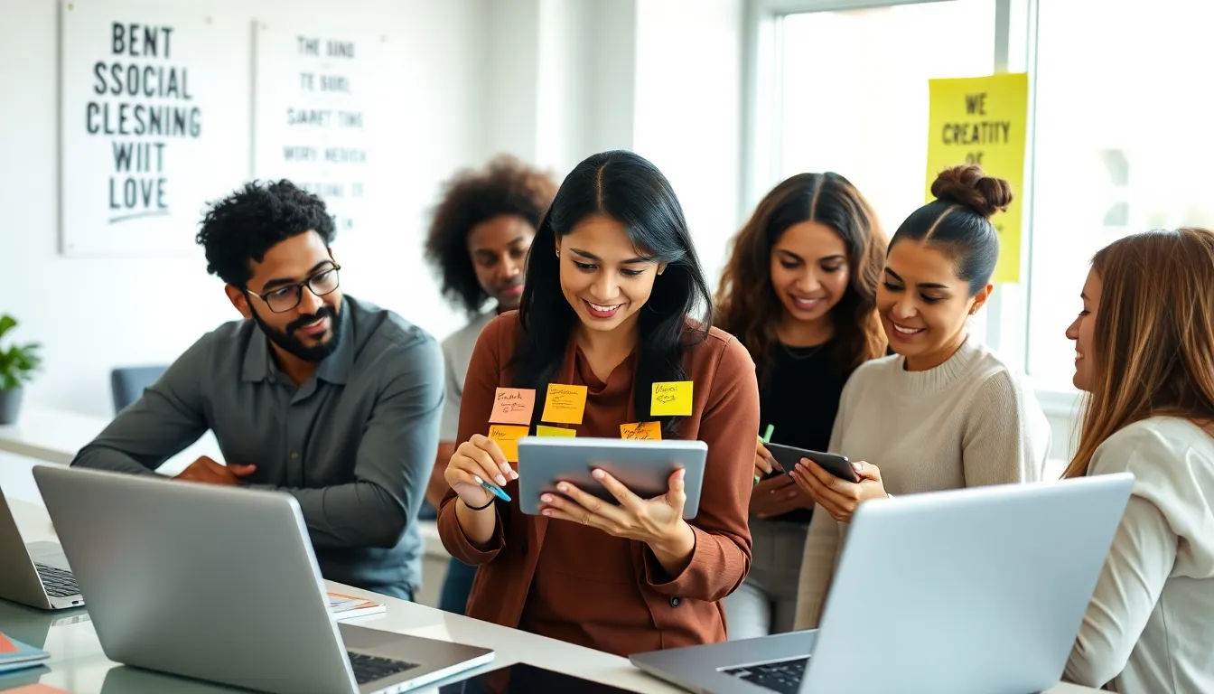 marketing team collaborating on social media copywriting in a modern office.