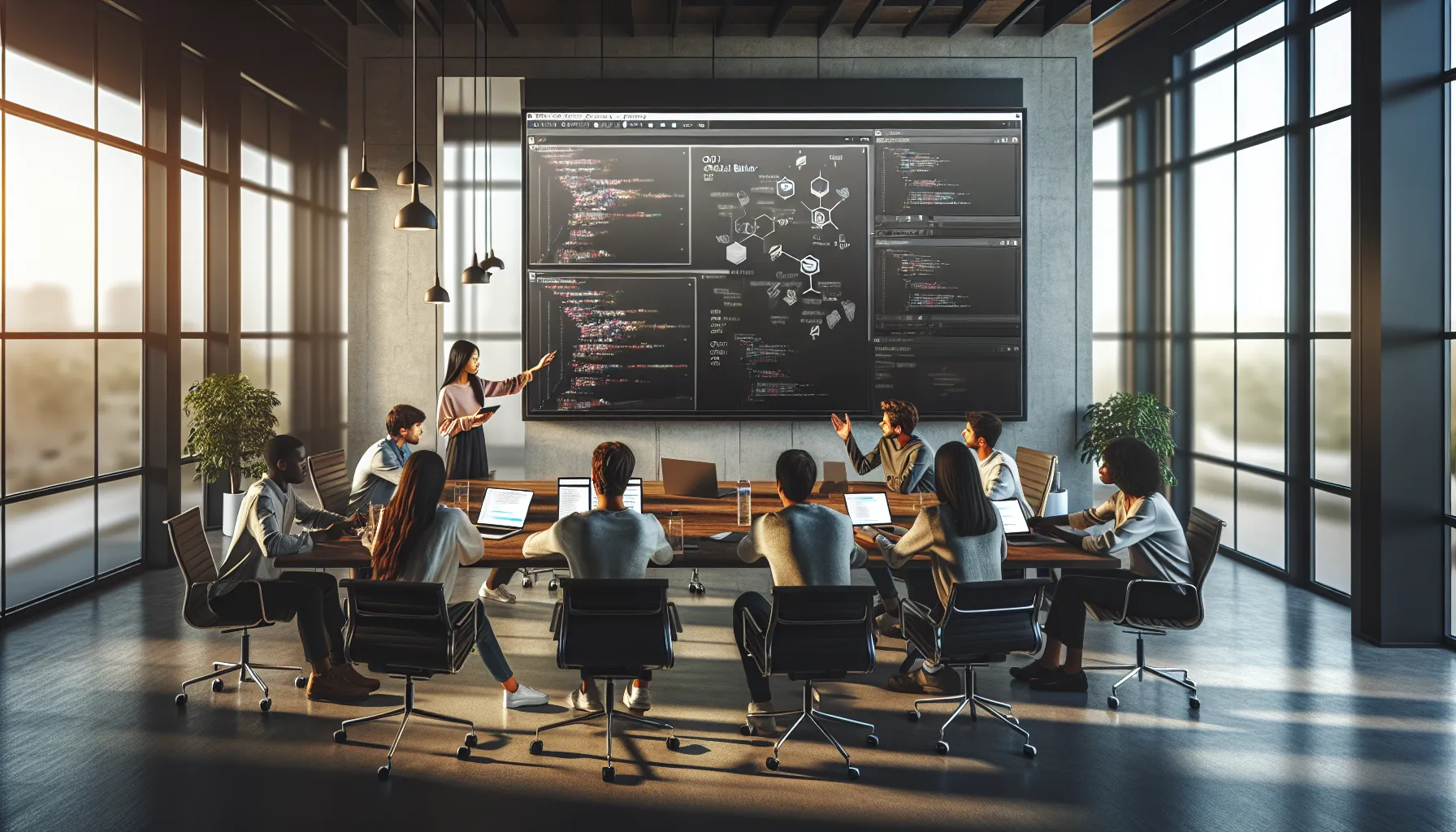 diverse team collaborating in a modern office on software development.
