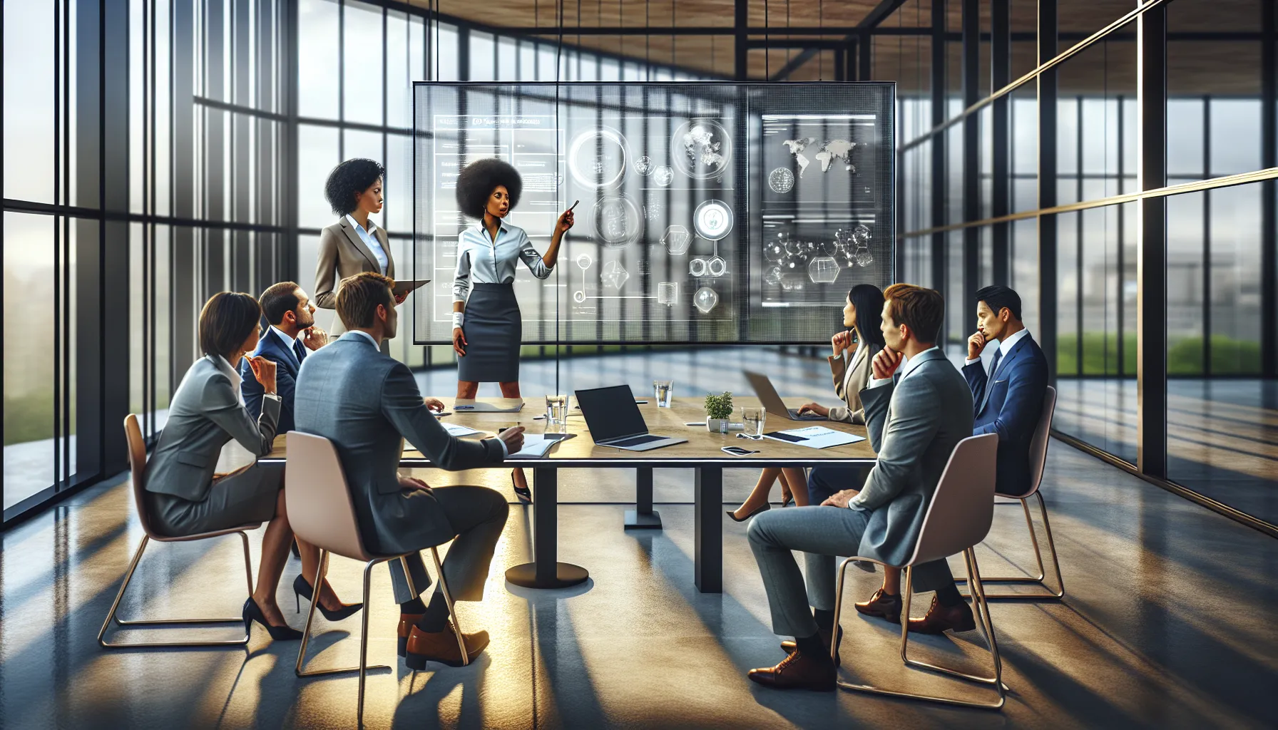 diverse team collaborating over Nimuri159 in a modern office.