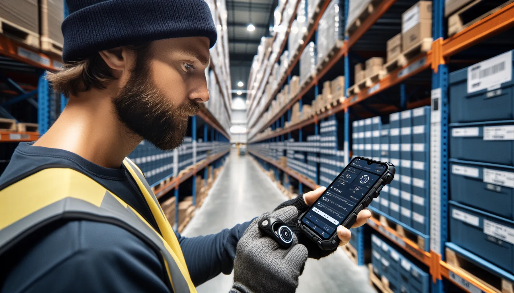 Norwegian picker scans inventory with a norwegian wms app on a smartphone.