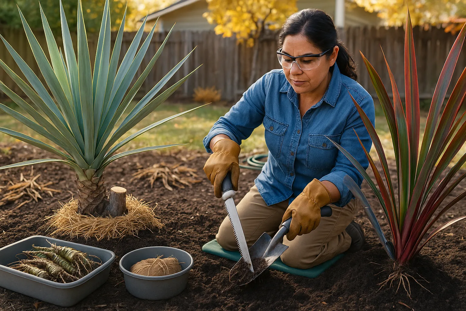 Gardener pruning a yucca and dividing a Phormium rootball in a backyard.