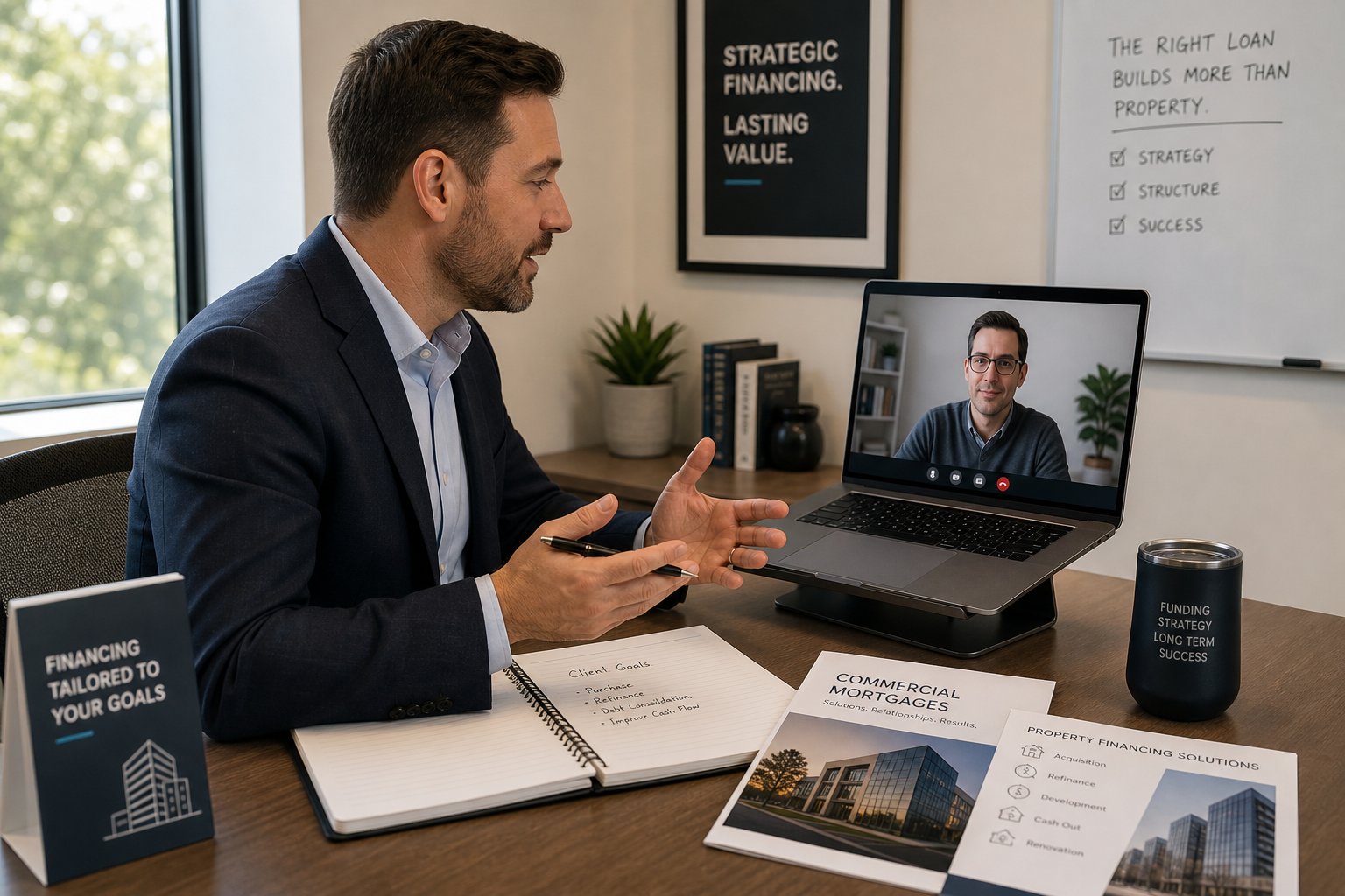 Commercial mortgage adviser conducting a remote client consultation from a modern office desk.