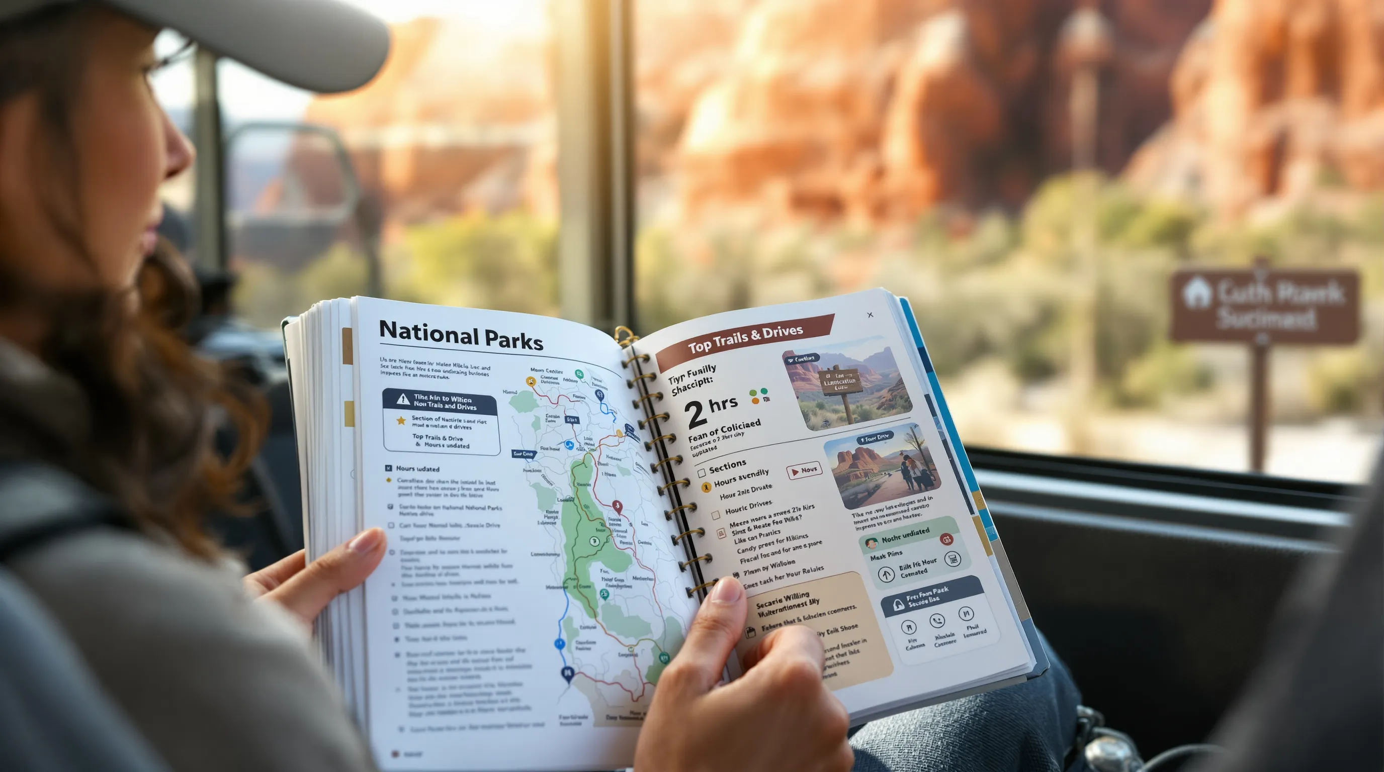 Traveler on a park shuttle planning with a guidebook and phone map.