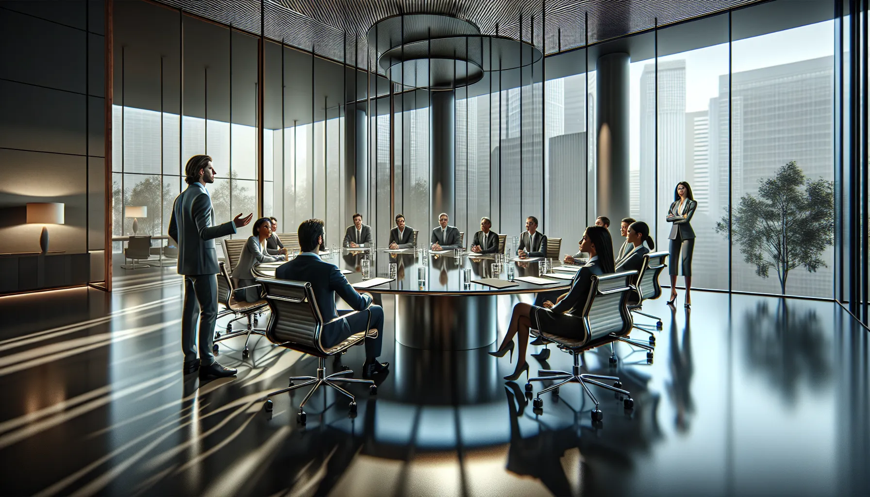 diverse professionals in a modern office discussing communication norms.